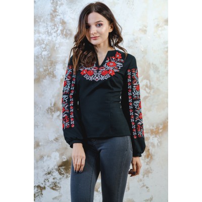 Embroidered blouse "Flower Ornament" Red on Black